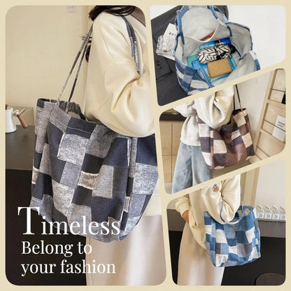 Women's denim tote bag with colour-contrast check design for daily use