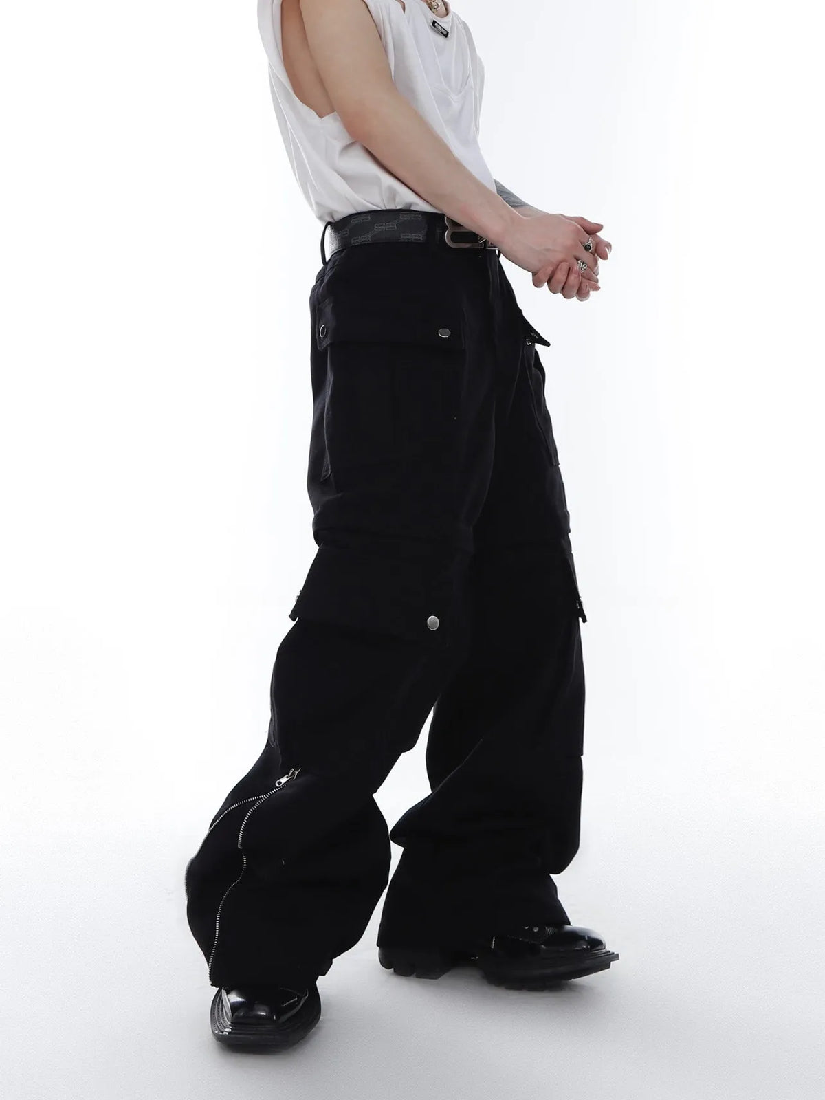 Unisex white wide leg polyester pants with metal decoration, relaxed fit, front view