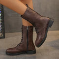 Women's flat mid-calf lace-up boots in brown with artificial PU upper and hollow design detail