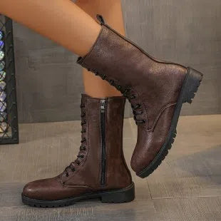 Women's flat mid-calf lace-up boots in brown with artificial PU upper and hollow design detail