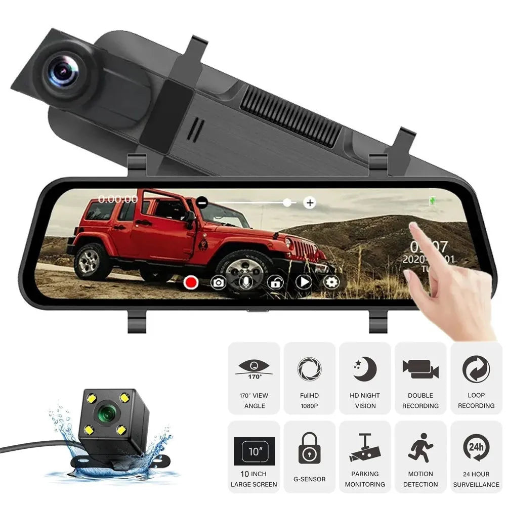 10-inch full touch screen car dash camera with front and rear lenses for dual recording