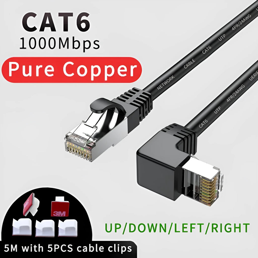 Cat6 Ethernet cable with right-angle RJ45 connector in black, showing metal housing, alongside other colour options.