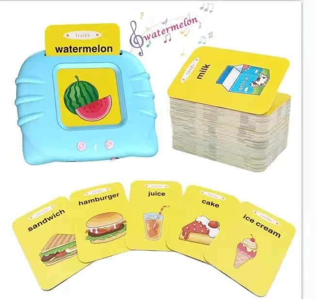 Blue children's English learning card machine with audiobook cards showing 18cm length