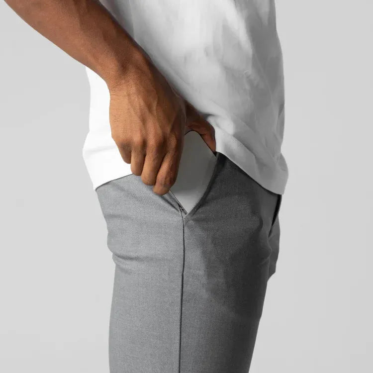 Men's casual pure cotton straight-leg pants in gray, Japanese style with mid-waist and zip fly