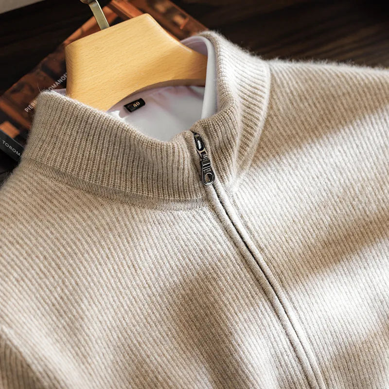 Men's cashmere zippered round neck cardigan sweater in camel colour, long sleeves, front zip closure