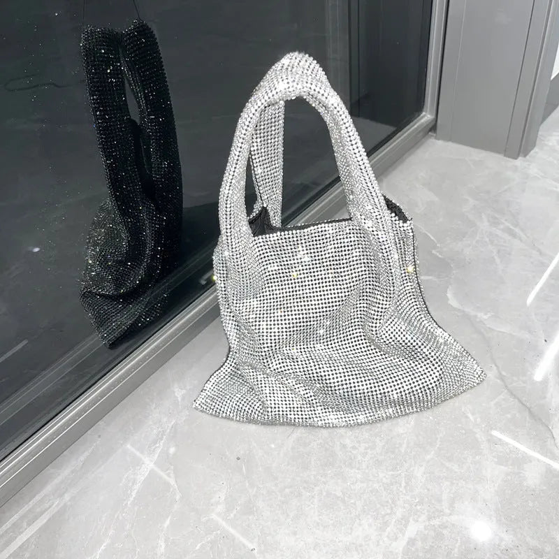 Silver cotton thread handbag with rhinestone detailing and open outer pocket
