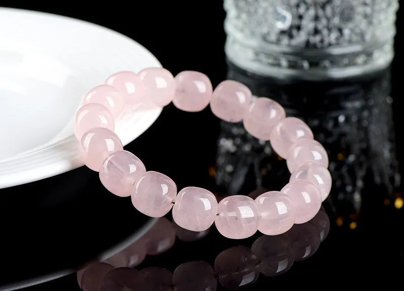 Pink natural bamboo crystal bracelet with 11mm geometric barrel beads