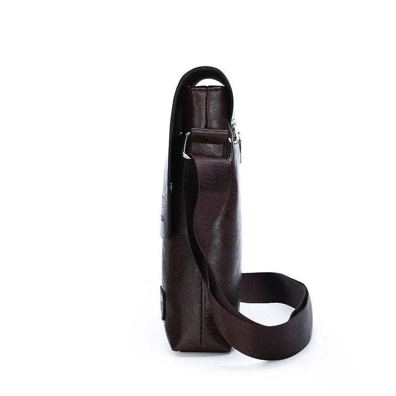 Vertical men's casual PU leather backpack in solid colour with letter print for business commute
