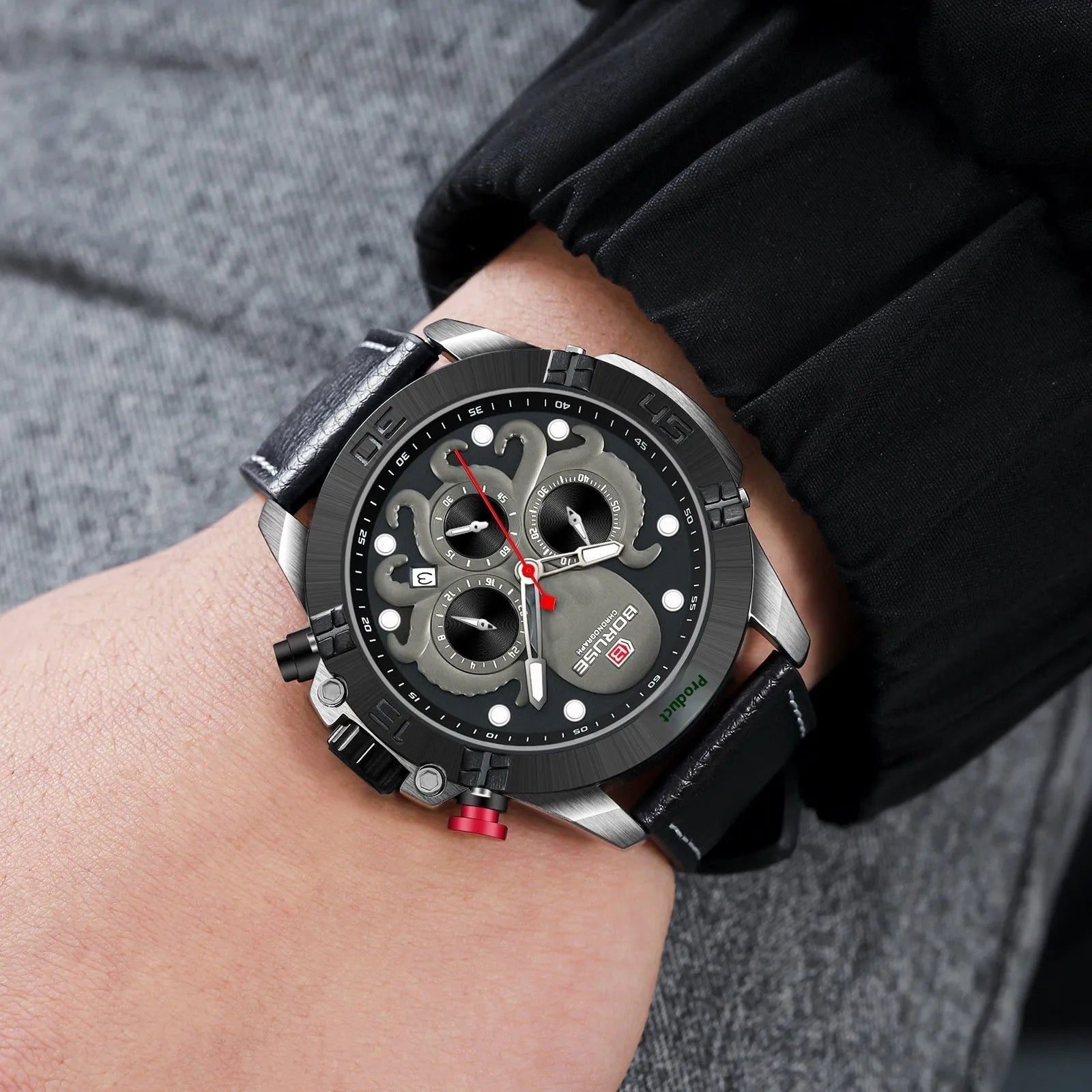 Men's octopus design waterproof watch with luminous quartz movement in blue or black colour options