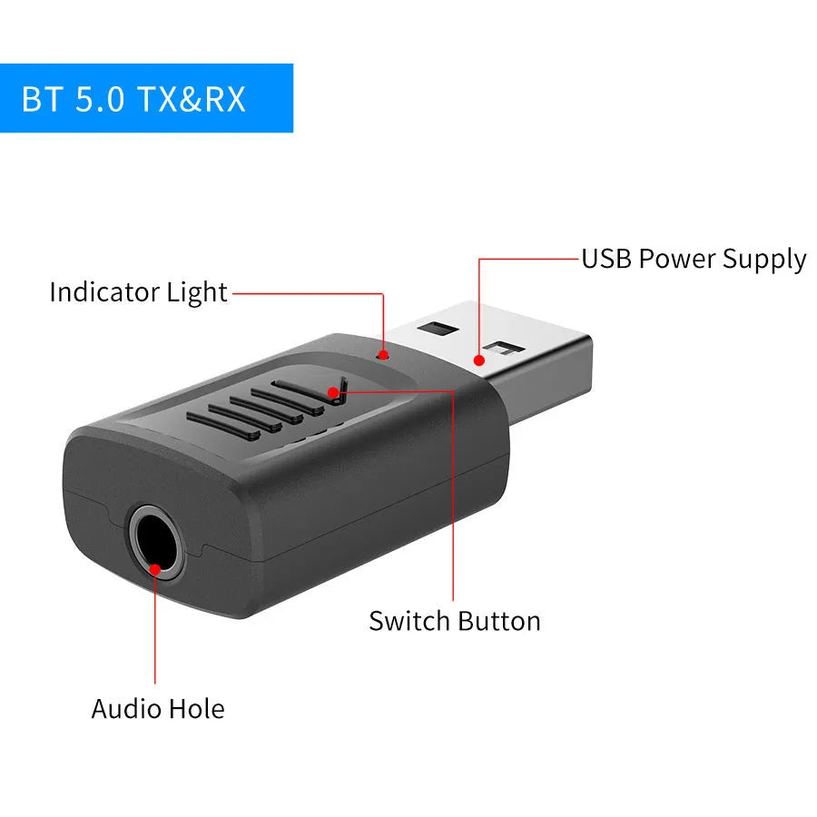 Black M135 four-in-one USB Bluetooth 5.0 audio transmitter receiver with 3.5mm aux cable