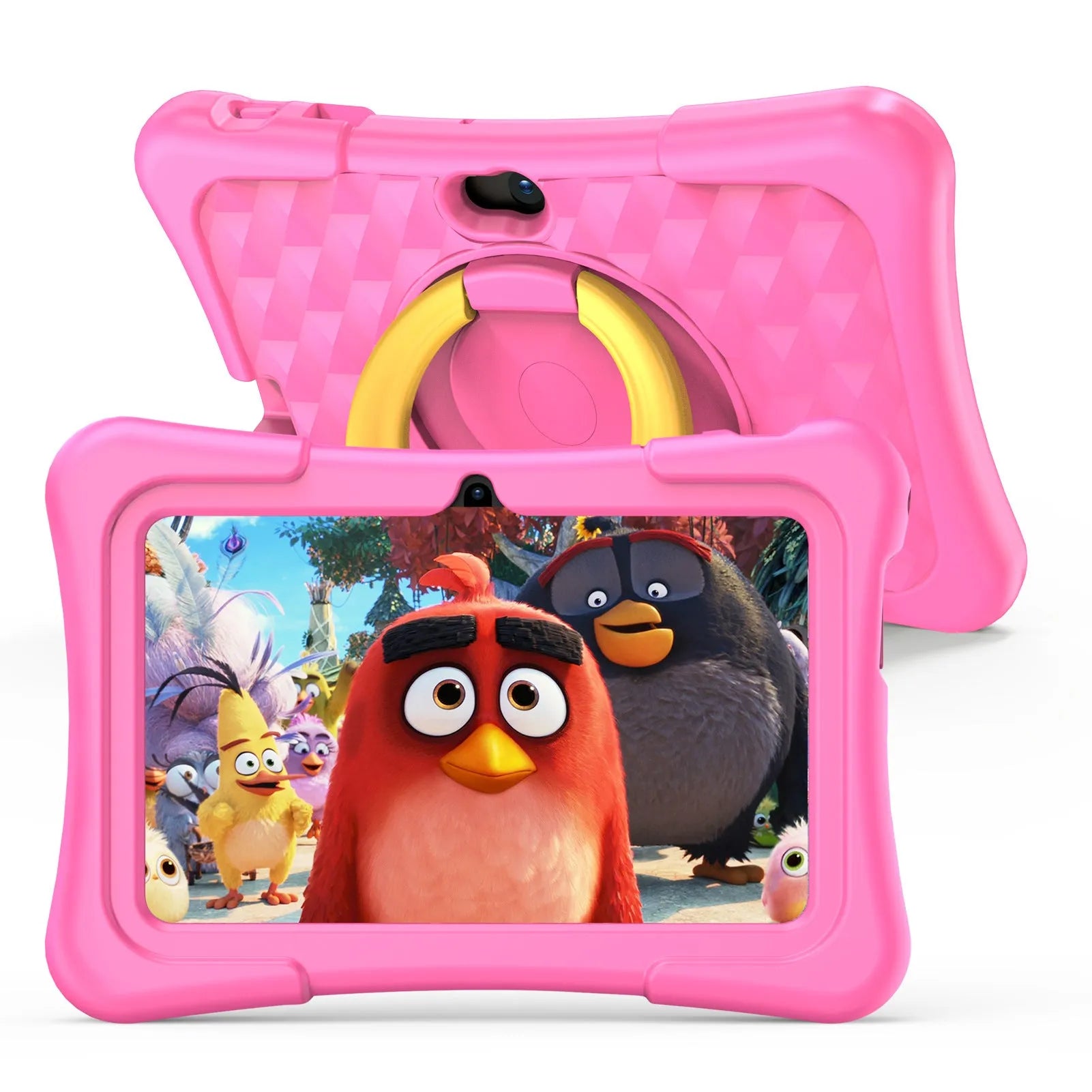 Blue children's 7-inch tablet with a silicone protective cover and a white rotating handle bracket attached.