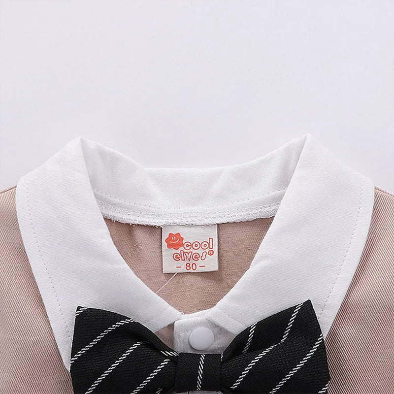 Cotton short sleeve baby romper for boys, black, with removable hood, British gentleman style