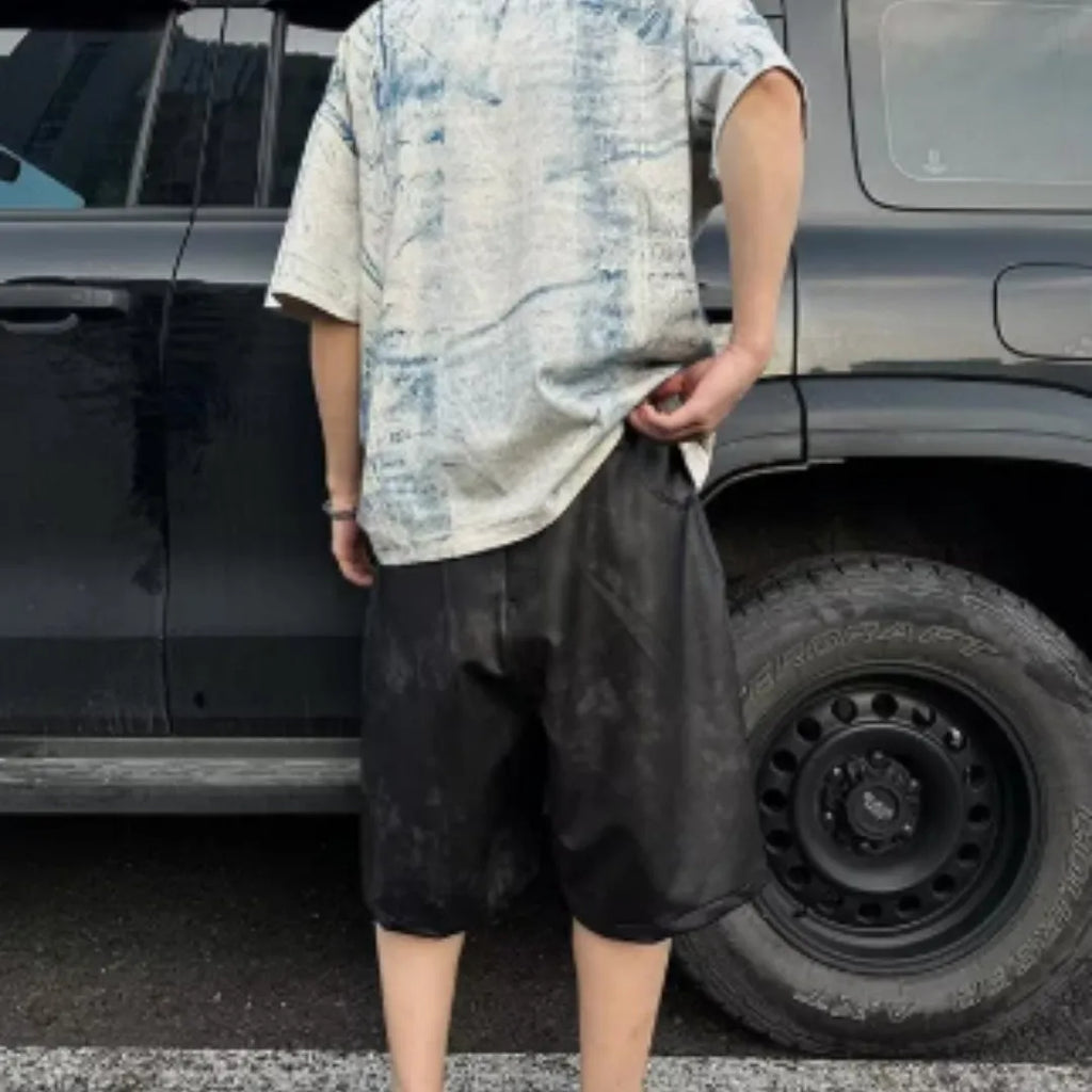 Korean loose-fit men's T-shirt with a full blue tie-dye print and short sleeves.