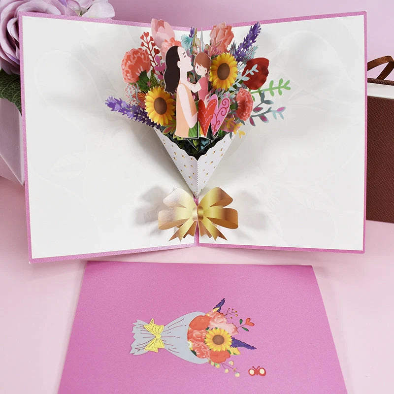 Handmade 3D pop-up floral bouquet card for Mother's Day with navy blue envelope