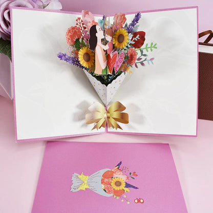 Handmade 3D pop-up floral bouquet card for Mother's Day with navy blue envelope