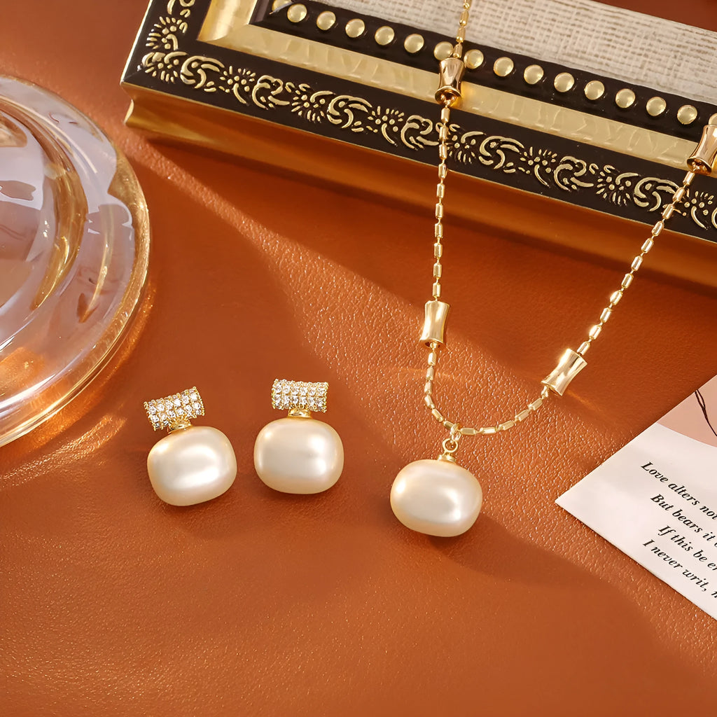 Cubic sugar pearl necklace and stud earrings set with real gold plating on copper, imitation pearl pendants, and adjustable chain