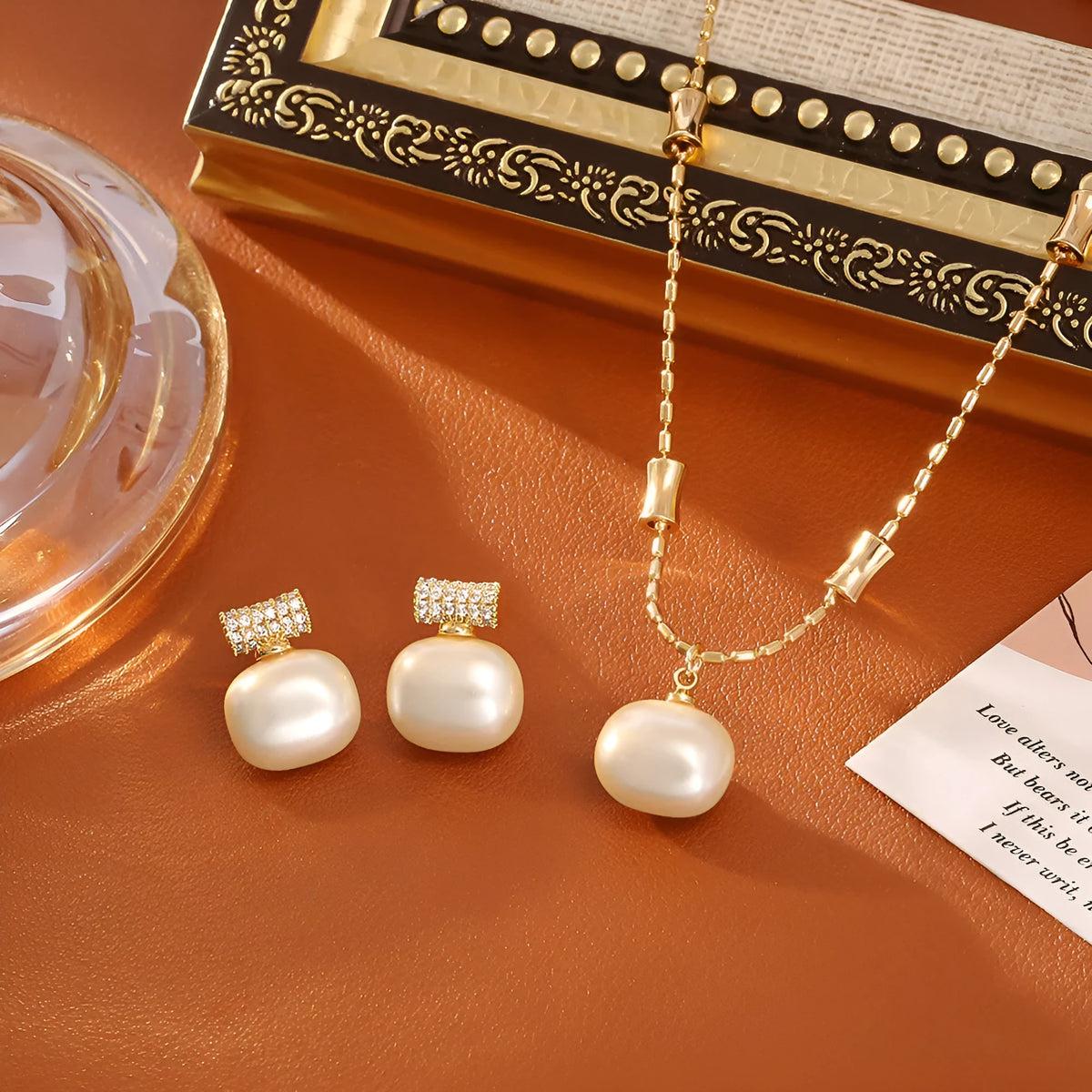 Cubic sugar pearl necklace and stud earrings set with real gold plating on copper, imitation pearl pendants, and adjustable chain
