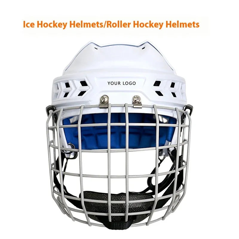 Ice hockey and ball hockey helmet with a carbon steel face mask, shown in a neutral colour.
