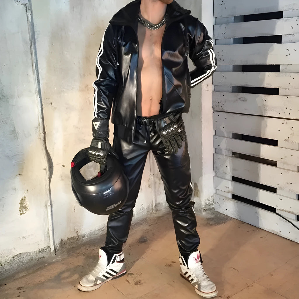 Black men's hooded PU leather sports jacket and matching nylon trousers set on a mannequin.