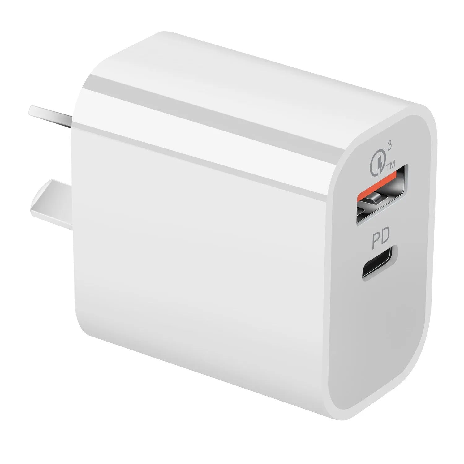 White Australian dual-port USB wall charger with USB-A and USB-C ports showing 63mm width