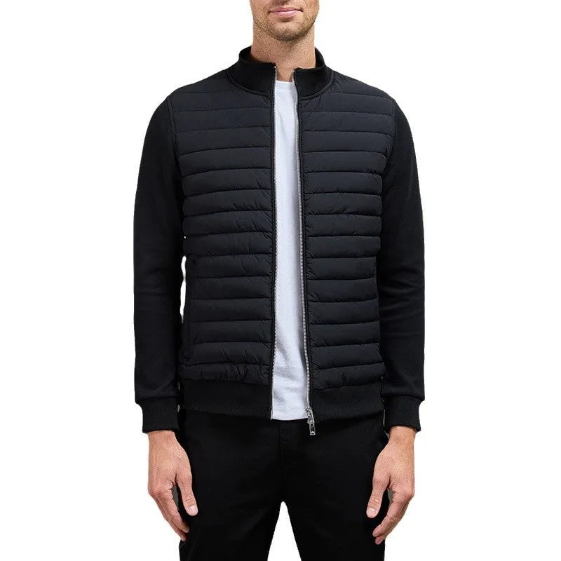 Men's lightweight stand collar coat in solid colour, knitted cotton blend fabric, with topstitching pockets