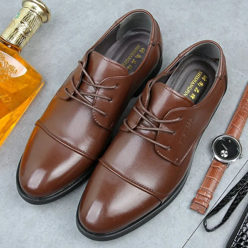 Men's black and brown leather lace-up shoes with stitching detail and horse buckle, shown in sizes 38 to 48