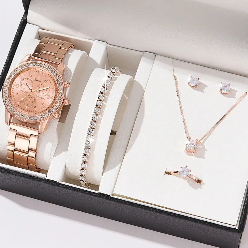 Women's three-eye quartz diamond-embedded watch with alloy strap in rose gold colour