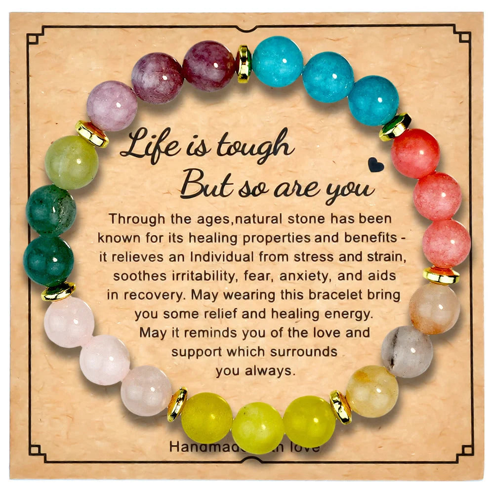 8mm natural stone tourmaline bracelet with gift card, unisex geometric design