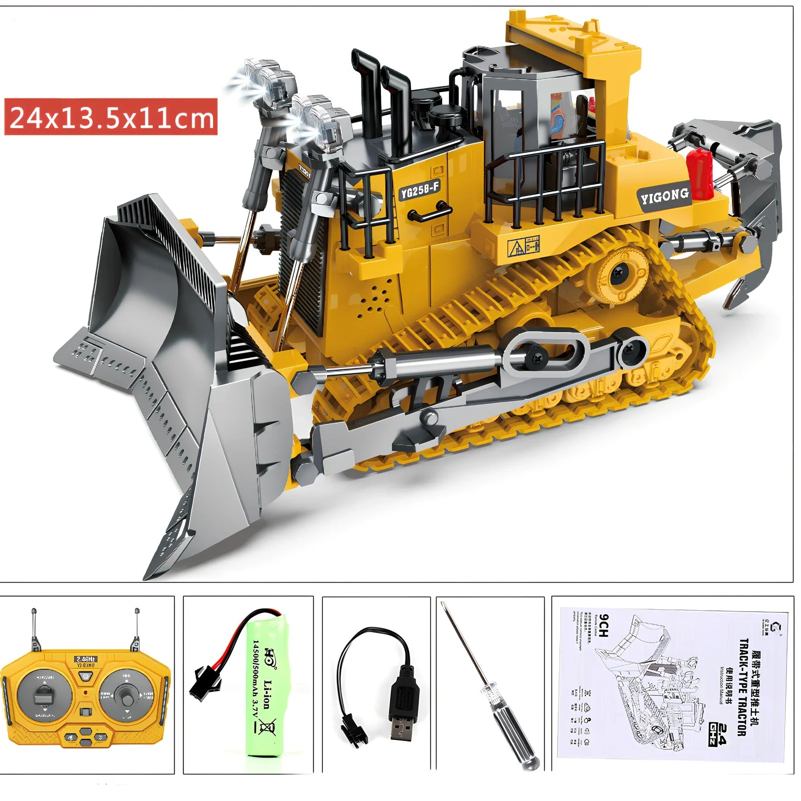 Children's grey-green 11-channel alloy excavator toy car with remote control, rechargeable battery, and simulation digging arm extended 15cm