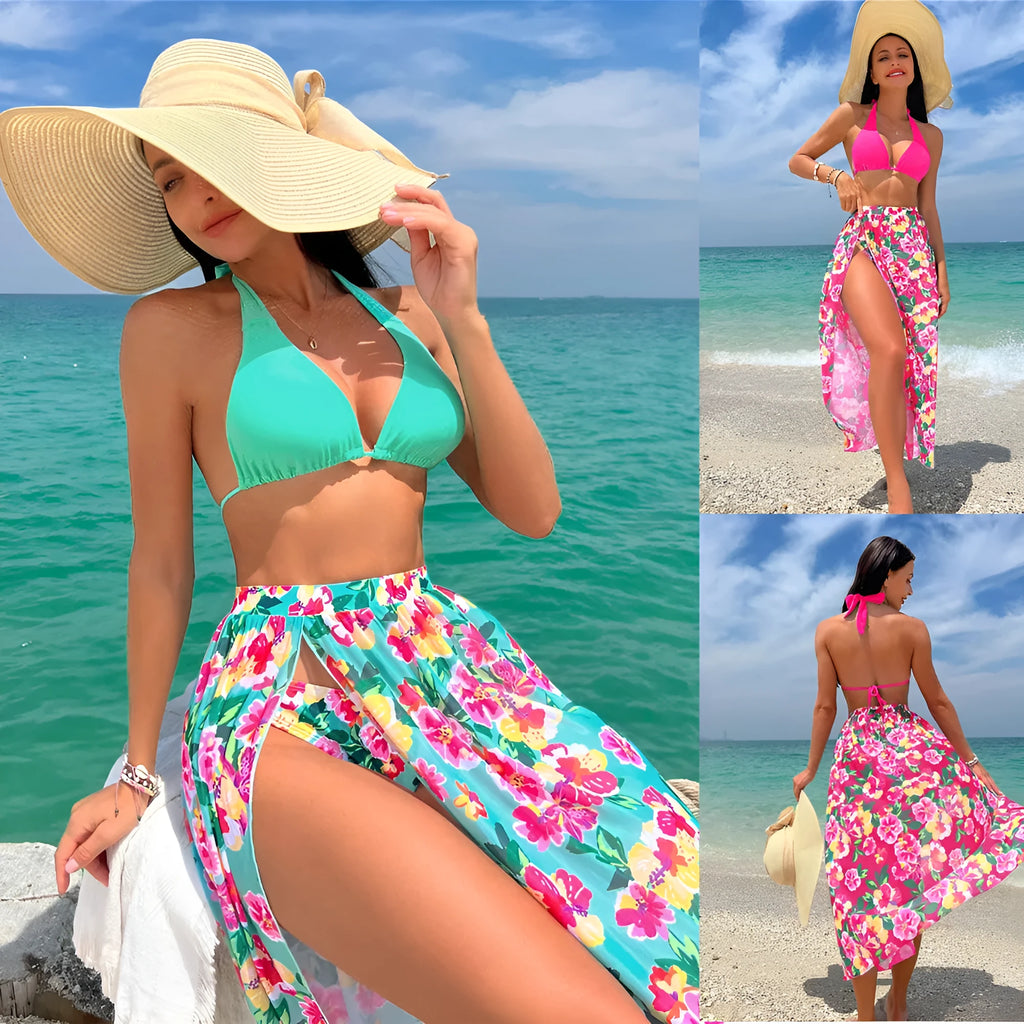 Sexy high slit three-piece printed swimsuit set for women in floral pattern, Lake Green colour