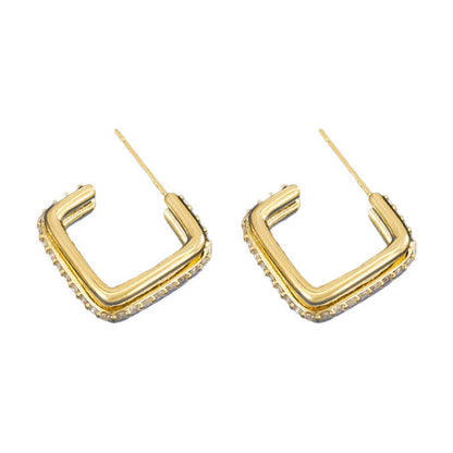 Gold electroplated three-layer square stud earrings with unique geometric design