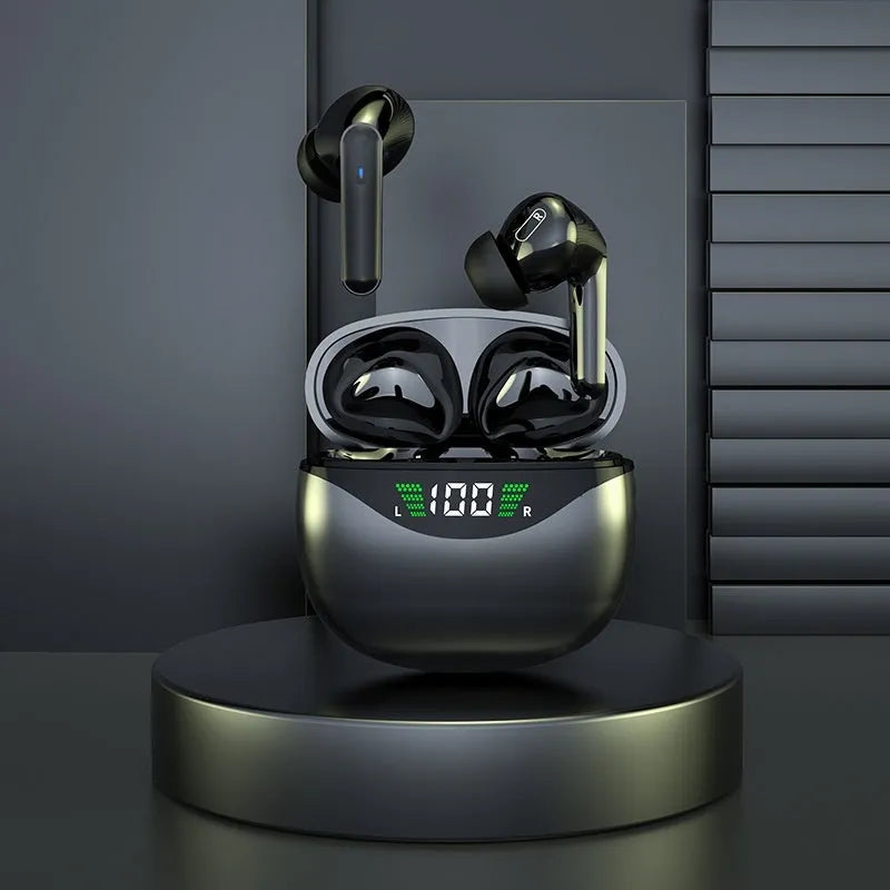 Black wireless Bluetooth headset, earplug style, PC+ABS construction, 10-metre range