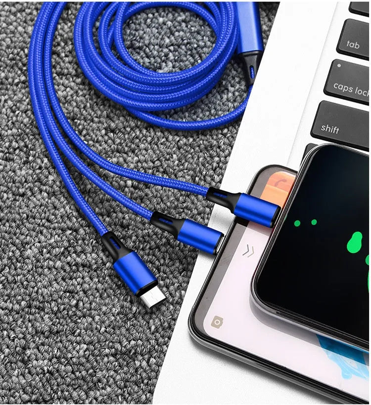 Red nylon woven three-in-one data cable with Lightning, Micro USB, and Type-C connectors on white background