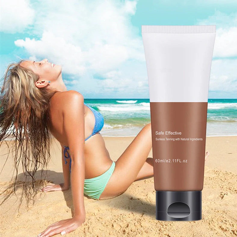 60ml body tan cream bottle with bronze colour and moisturising formula containing pomegranate