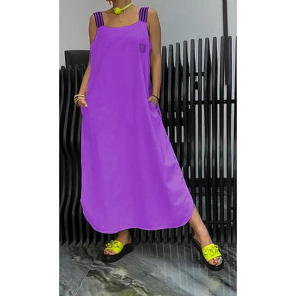 Casual cotton and linen pocket striped shoulder strap skirt in various colours