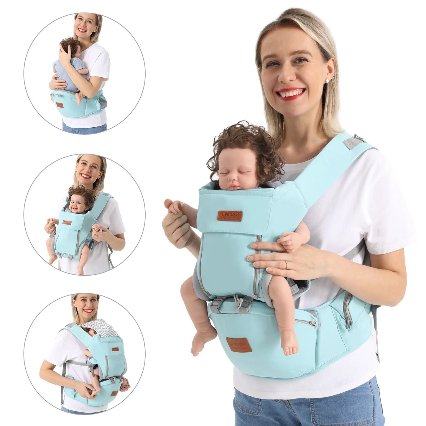 Multi-functional baby waist stool carrier in light blue, grey, and dark blue options