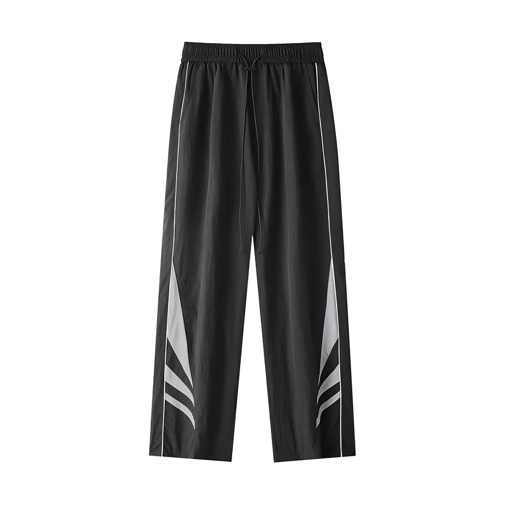 Men's black straight leg plus size casual sports trousers on a hanger.