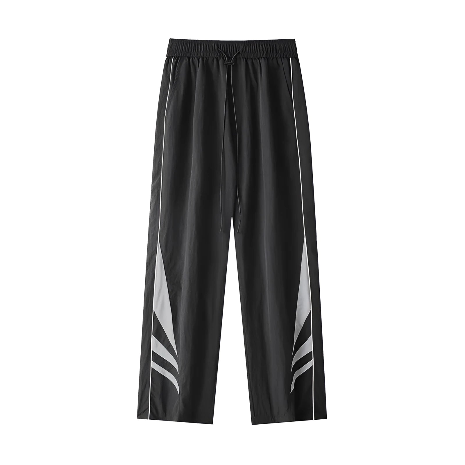 Men's black straight leg plus size casual sports trousers on a hanger.