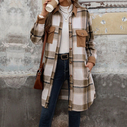 Stylish women's brushed plaid long coat with pockets, available in coffee, grey, and wine red colors