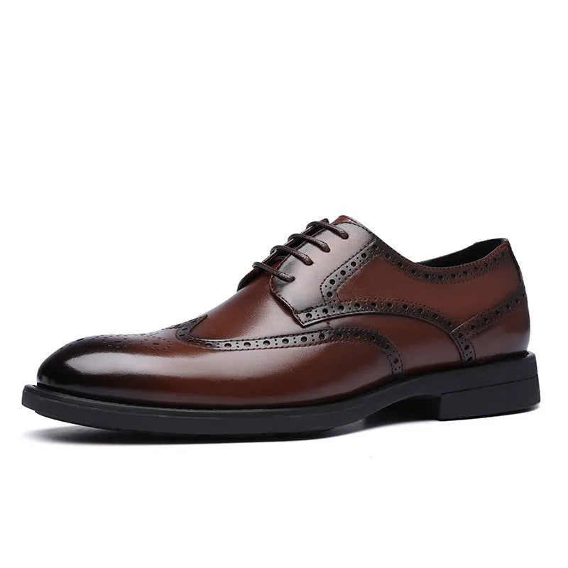 Men's black and brown brogue leather shoes with traditional perforated detailing