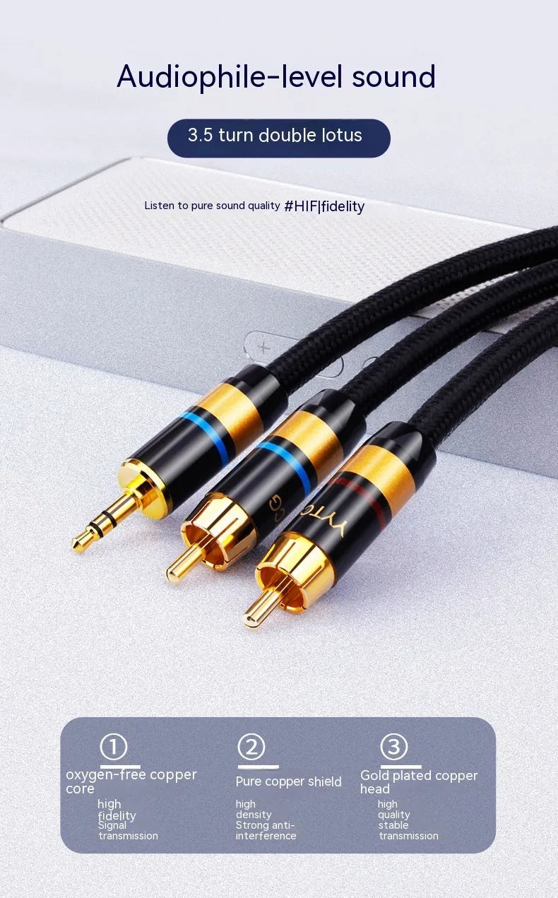 3.5mm to 2RCA computer audio cable with PVC cotton net sheath, available in multiple lengths