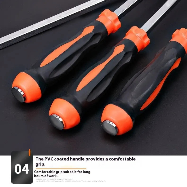 Lengthened high hardness screwdriver with carbon steel cutter head and plastic handle, shown by size options