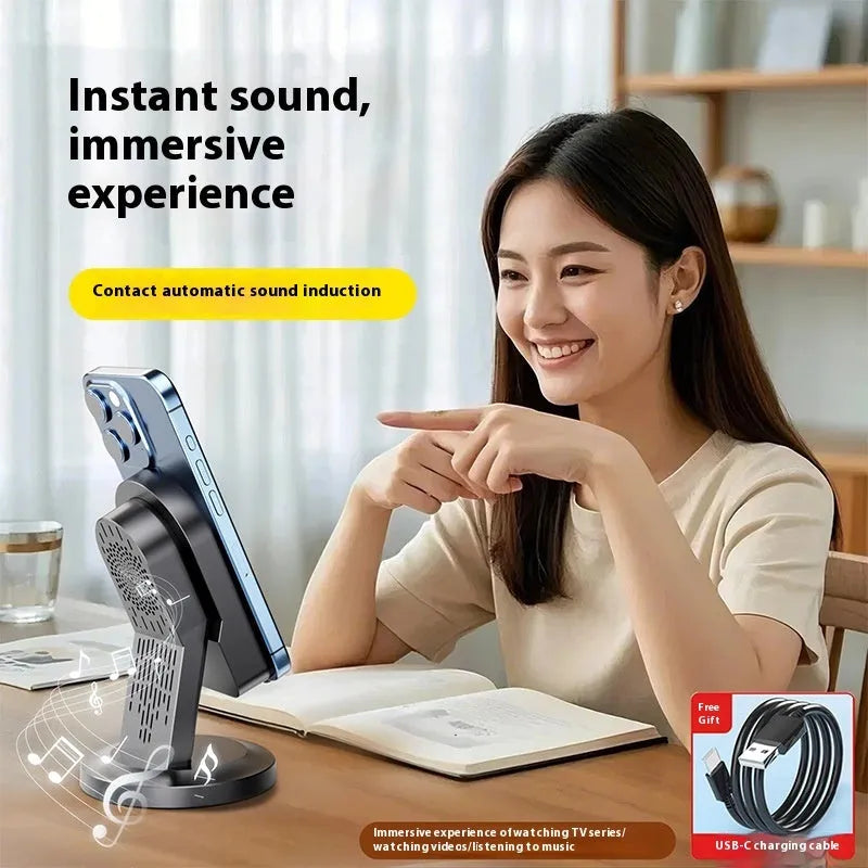 Three-in-one wireless induction speaker Bluetooth speaker bracket in black mirror style with phone holder and built-in battery