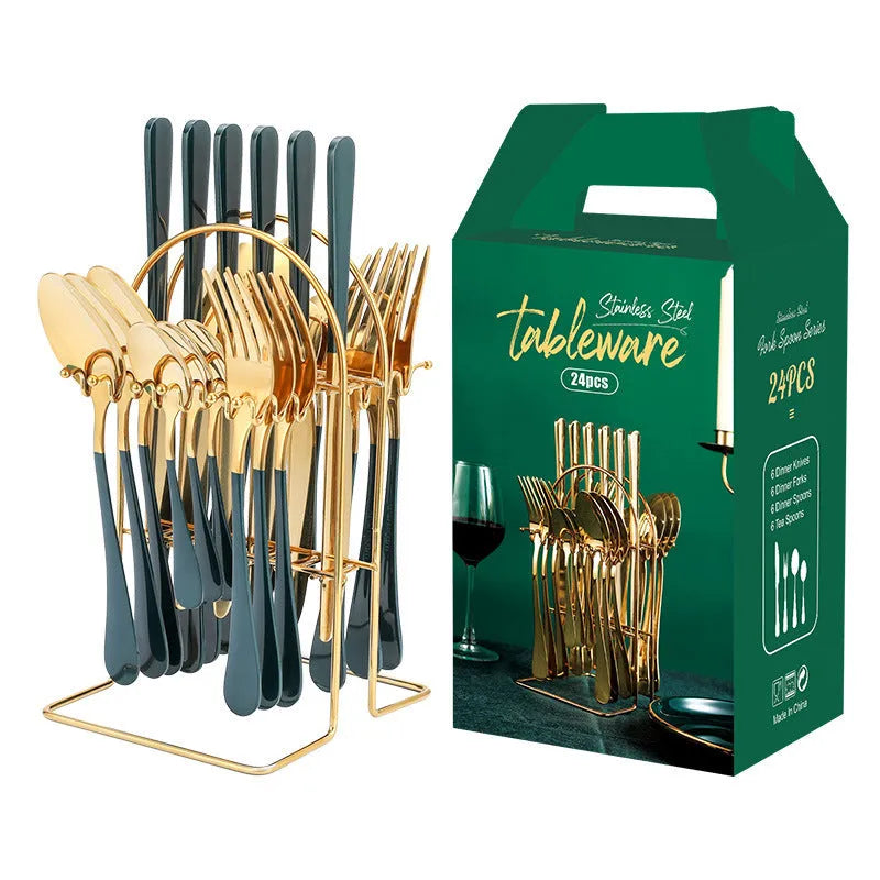 24-piece stainless steel cutlery set with storage rack in gold finish showing knives, forks, spoons