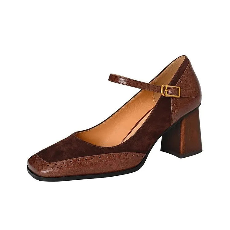 French style square toe chunky heel suede high heel shoes for women in black and brown