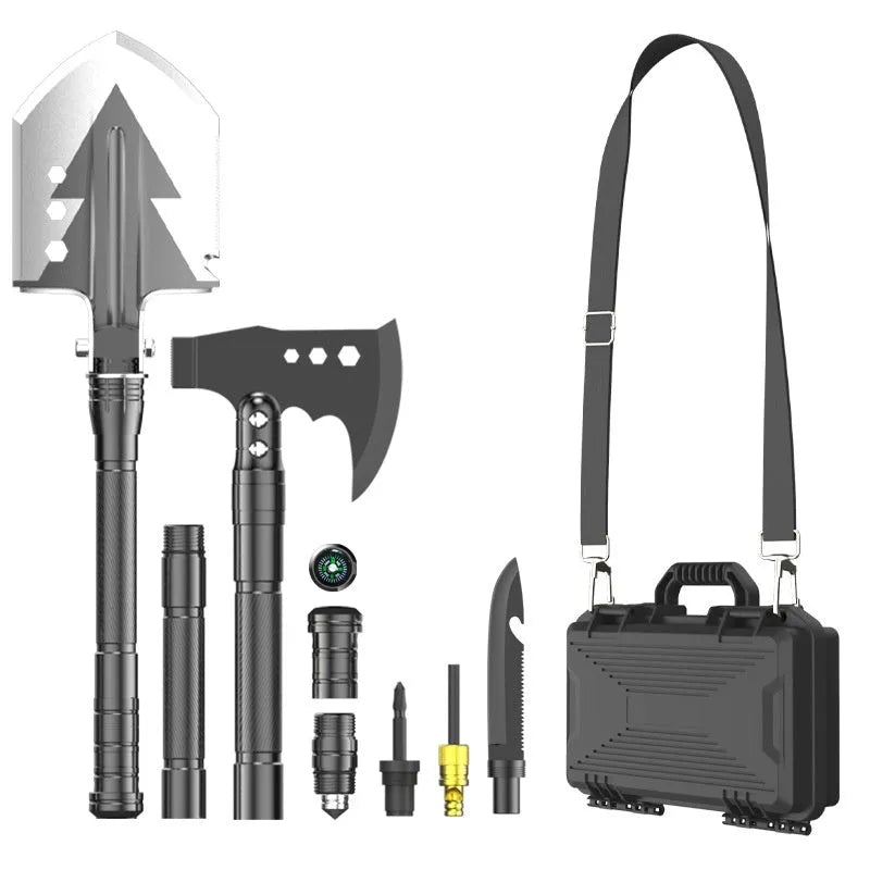 Black multifunctional military shovel set with axe, knife, and accessories, showing 80cm length and storage suitcase.