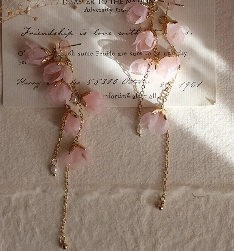 Long tassel romantic cherry blossom earrings in pink with gold plating, 8cm drop, mori fairy style