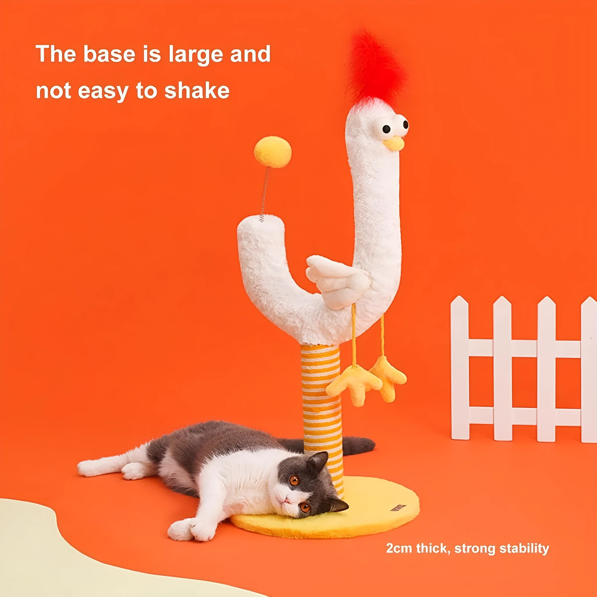 Yellow sisal vertical cat scratching post with chicken strip design and spring ball