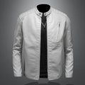 Men's plus size PU leather jacket with stand collar and zipper pockets in black, front view