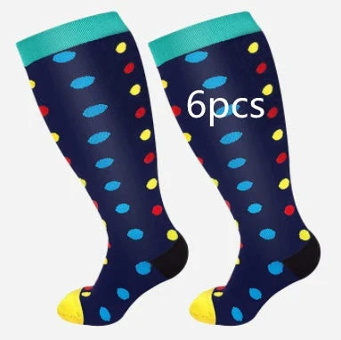 Plus-size compression socks in various stylish patterns for improved leg health and comfort